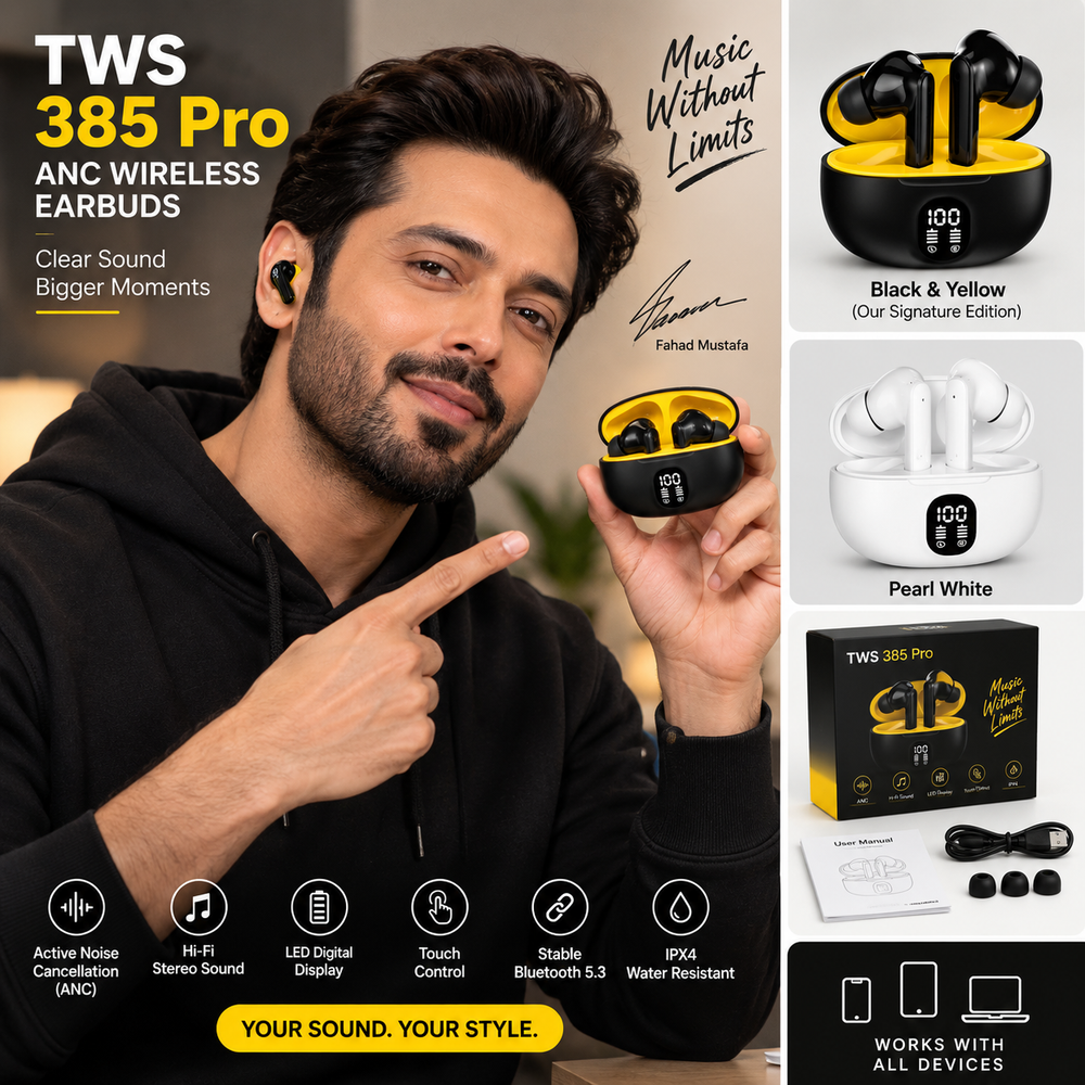 π§ TWS 385 Pro ANC Wireless Earbuds β Smart LED Display | Black & White Color Variants: