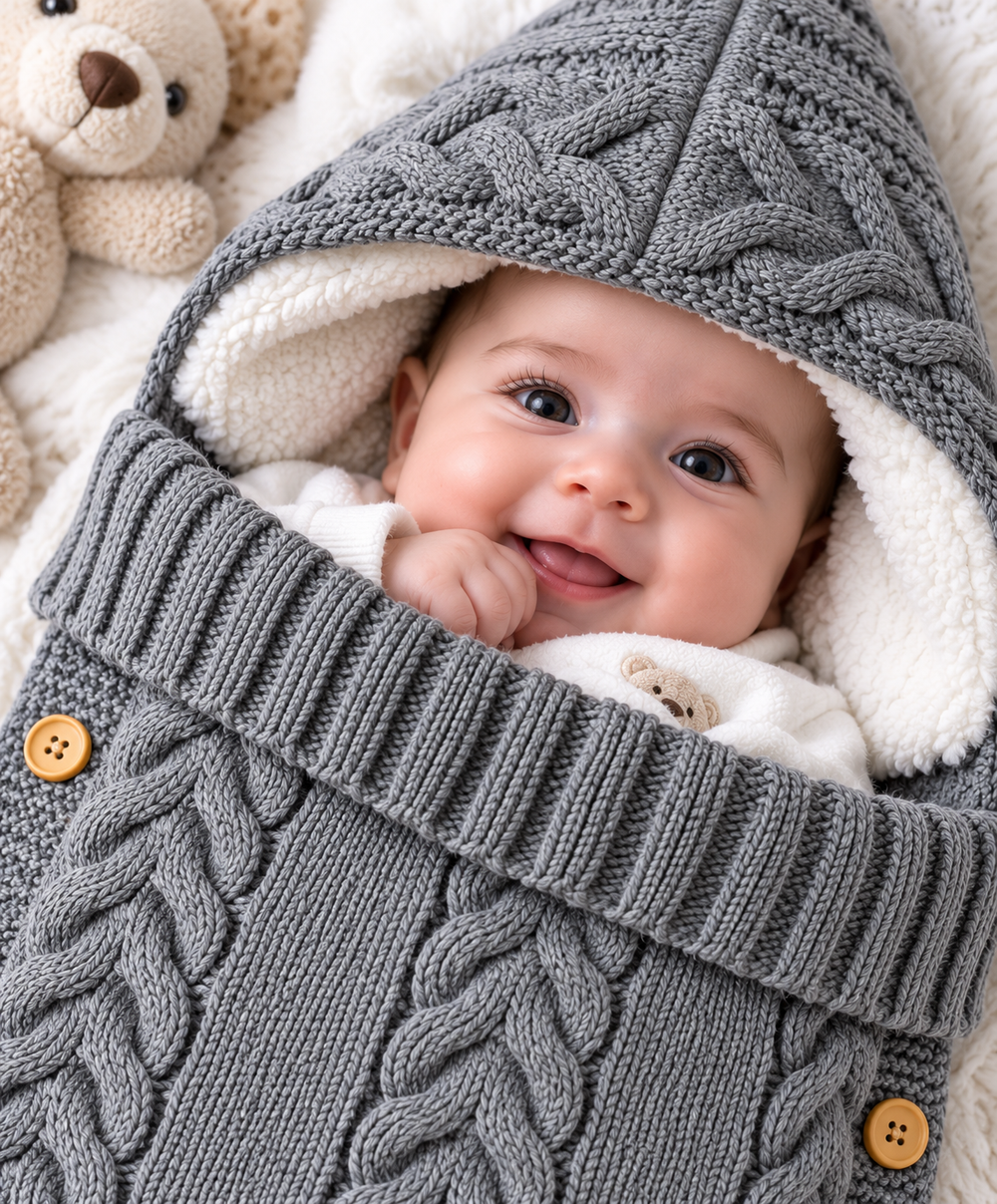 CozyCable Hooded Baby Swaddle β Grey Winter Wrap