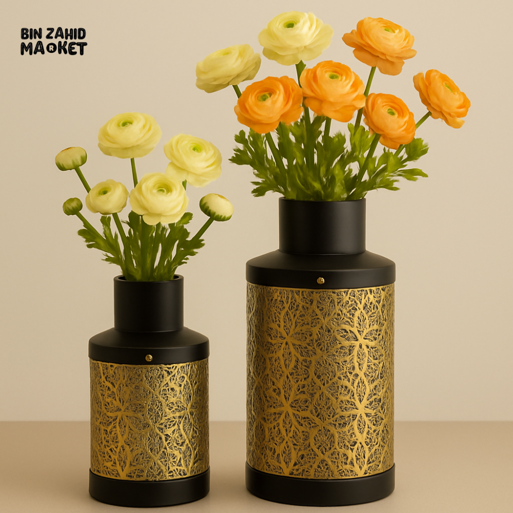 LUXURY BLACK & GOLD METAL VASE SET 2 PIECES SET β EMBOSSED GEOMETRIC DESIGN WITHOUT FLOWERS