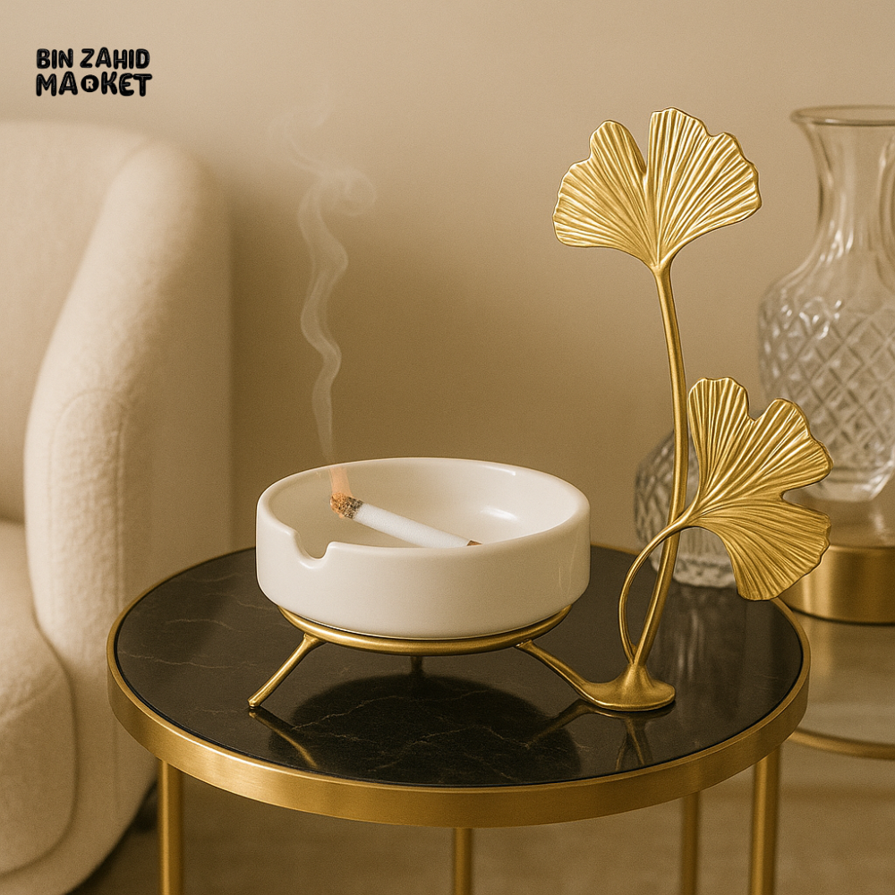 LUXURY VILLA SIDE TABLE DECOR β CERAMIC ASHTRAY WITH LIT CIGARETTE & GOLD GINKGO LEAF ORNAMENT